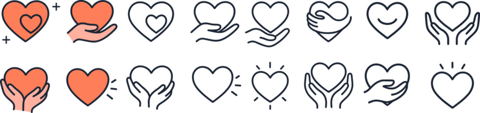 Naklejki Vector icon set of hearts and hands in outline and filled styles showing care love support donation and charity for healthcare nonprofit and social apps. Caring Hands with Heart Line Icons Minimal.