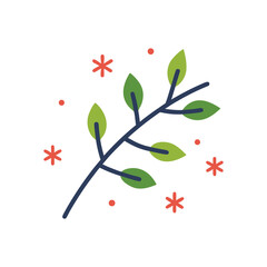 Minimalist branch with green leaves amidst delicate snowflakes and small red flowers on white vector