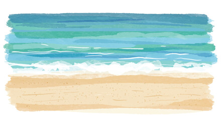 Flat 2D vector illustration showing a peaceful summer seaside scene featuring warm sandy beach, blue ocean water, and soft watercolor brush strokes against a clean white background. © Rahmanart