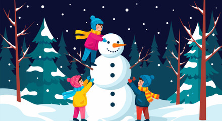 Happy children building a snowman together in a snowy winter forest at night. A cute vector illustration of a fun outdoor childhood activity