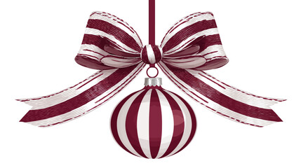Elegant striped holiday ornament hanging from a festive decorative ribbon bow, perfect for Christmas season designs and greeting cards.