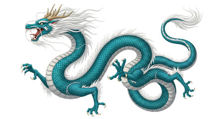 Obraz premium Majestic teal chinese dragon with white mane isolated on transparent background