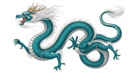 Majestic teal chinese dragon with white mane isolated on transparent background