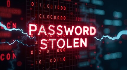 A striking digital representation of a cyber attack, featuring the words 'PASSWORD STOLEN' in bright red against a dark, binary code background.