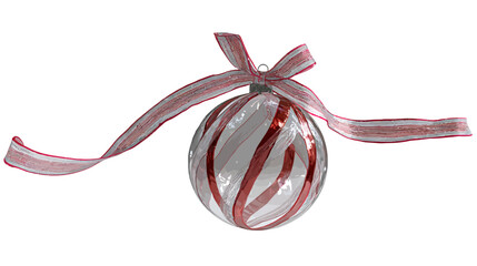 Red and white striped glass Christmas ornament with a festive ribbon bow, isolated on a clean white background for holiday decoration.