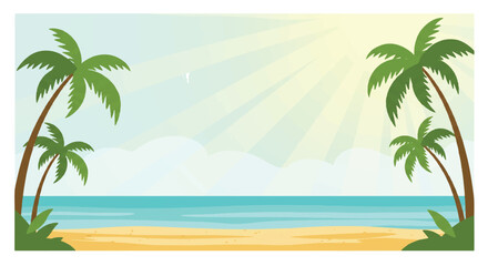 Flat 2D vector illustration of a tranquil tropical beachside scene featuring swaying coconut palm trees under soft, abstract watercolor sunlight against a bright white background.