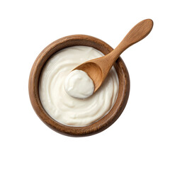 Yogurt in a wooden bowl with wooden spoon isolated on transparent background