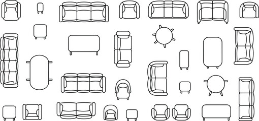 Modern furniture top view, sofa and table layout, minimalist interior floor plan elements, home decor vector icons, contemporary furniture outline illustration set for design projects © Akaza