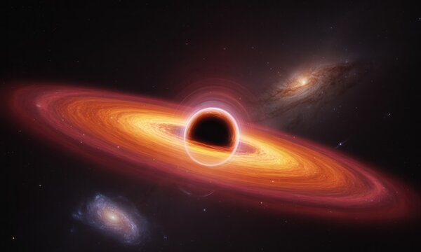 A cosmic scene featuring a black hole with a luminous accretion disk, galaxies nearby