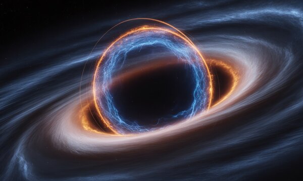 A cosmic render of a black hole surrounded by accretion disk and energetic rings