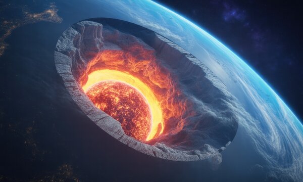 A cross-section view of the Earth reveals a glowing core within, surrounded by layers