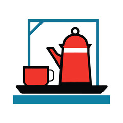Minimalist flat design teapot and cup on tray near window simple modern style vector