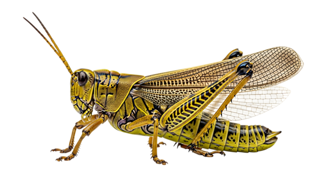 Detailed close up of a colorful grasshopper insect isolated on transparent background