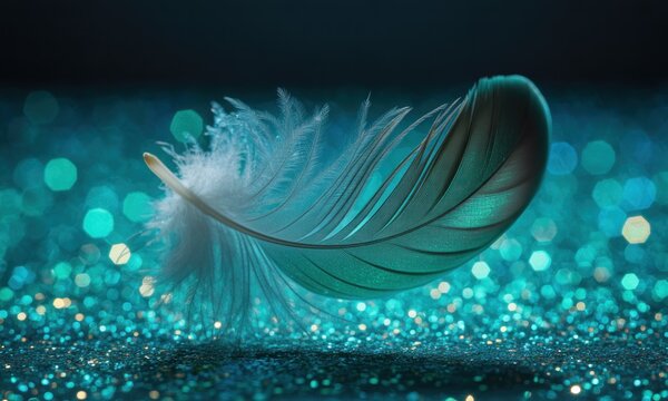 A delicate feather, teal-toned, floats over teal glitter