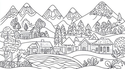 Mountain village landscape coloring page; idyllic scene
