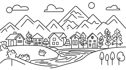 Mountain village riverside landscape, idyllic scene, peaceful background, travel brochure illustration