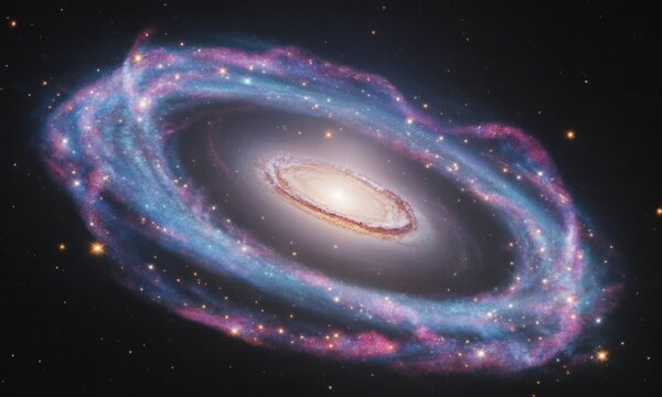 A dazzling ring galaxy, showcasing a central bulge, spiral arms, and an outer ring of stars