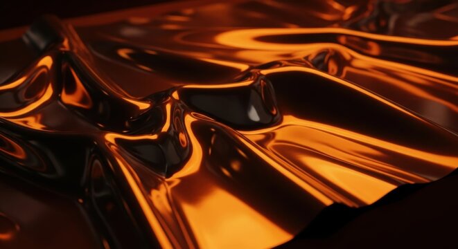 Smooth abstract metallic surface with flowing curves reflecting warm orange ambient light.