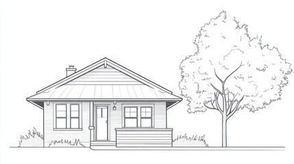 Line drawing of a house with tree, for design, architecture, real estate or home building