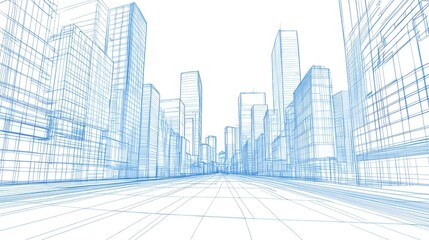 Blue blueprint of urban street, with buildings, for architectural, design planning
