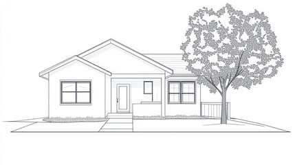 Ranch-style house plan, front view, suburban setting, landscaping