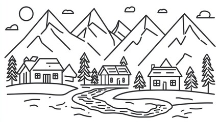 Mountain village river landscape; idyllic homes, peaceful scene, nature background; website, book illustration