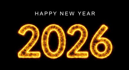 Happy New Year 2026 Fiery Glowing Numbers on Black Background celebration holiday
