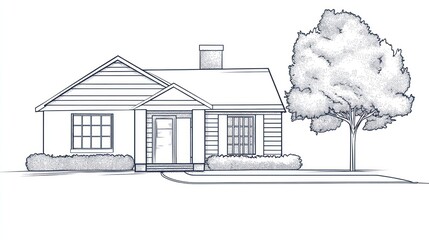 Ranch house architectural sketch, suburban yard, tree, landscaping, home design