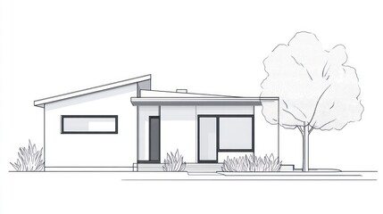 Modern house design, single-story, suburban setting, landscaping