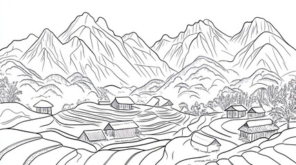 Mountain Village Rice Terraces Landscape Drawing, Asian Scenery Illustration