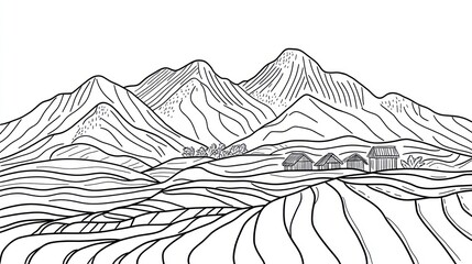 Mountainous rice terraces landscape, huts, rural scene, nature illustration, design element