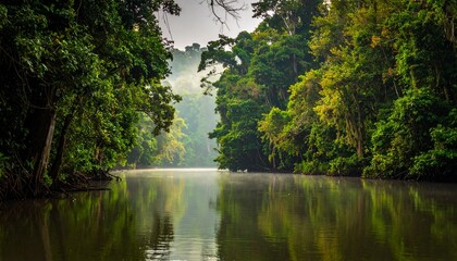 Lush Green Tropical Rainforest Canopy Reflecting in Calm River Water in Amazon at Sunny Day