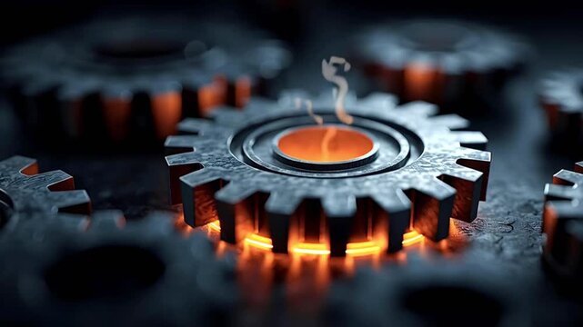 Detailed close up of interconnected metal cogs glowing with orange heat as they rotate, representing industrial processes, teamwork, and powerful engineering mechanics with smoke rising