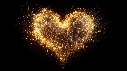 Glimmering Heart Shape Created with Sparkling Golden Particles on a Black Background, Symbolizing Love and Affection in Modern Aesthetic Design