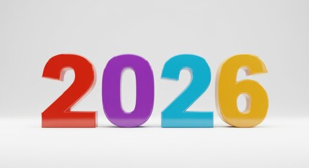 Bright and bold 3d rendering of the year 2026 in vibrant colors against a clean white background, representing future goals and new beginnings