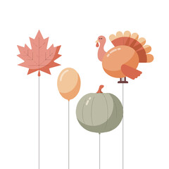 Thanksgiving holiday flat design collection with cozy fireplace scene, harvest basket, minimal pie slice, gratitude tree, and festive dinner table art