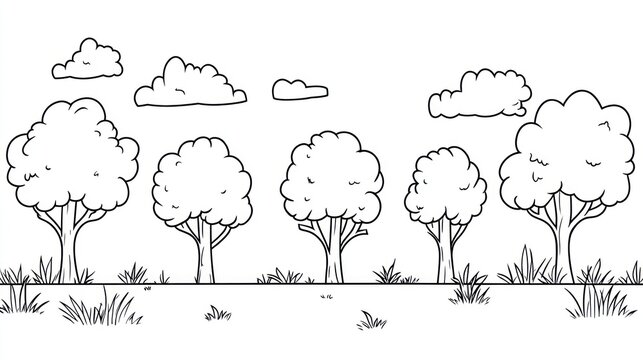Line trees, grass, and clouds outline. Background for coloring page