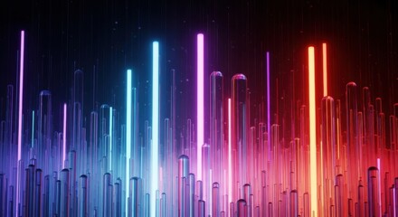 Abstract image of colorful, luminous vertical lines in a spectrum of blue, pink, and red hues against a dark background, resembling futuristic city lights.