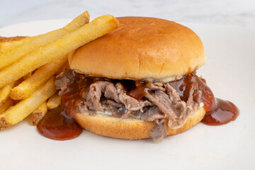 shredded steak sandwich with a side of french fries