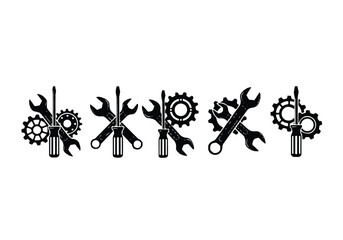 Collection of black and white mechanic icons isolated on white background, featuring wrench, screwdriver, and gear symbols for repair and maintenance