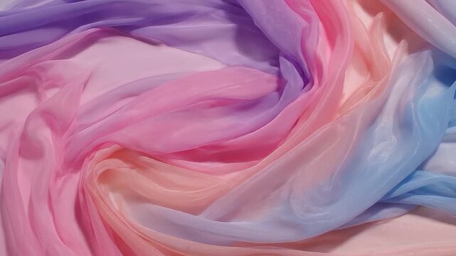 Gentle abstract of flowing sheer fabric in pastel hues of purple, pink, peach, and blue