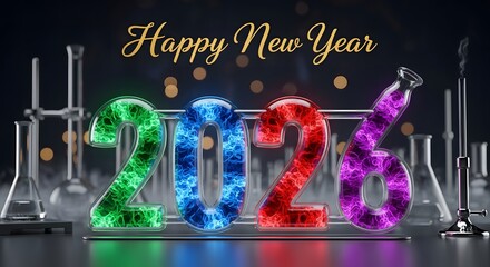 Happy New Year 2026 numbers in vibrant neon colors in a lab setting celebration science