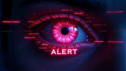 A striking close-up of a human eye with a vibrant pink hue, illuminated by a digital alert overlay, conveying a sense of urgency.