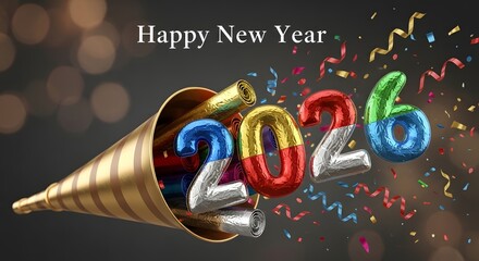 Happy New Year 2026 party horn exploding with colorful confetti and metallic numbers celebration