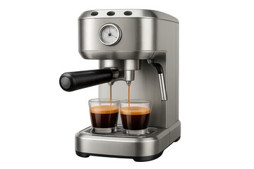 Espresso machine making coffee into two glass cups