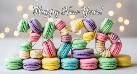 Happy New Year 2026 spelled out with colorful macarons cookies sweets