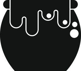 Black and white vector illustration of a full honey pot dripping with sweet nectar and bubbles