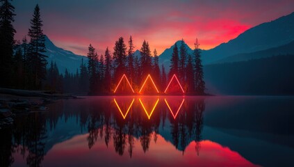 A serene lake scene at sunrise, showcasing neon triangles reflected perfectly on the calm water, with a dramatic color palette and a tranquil mountain backdrop.