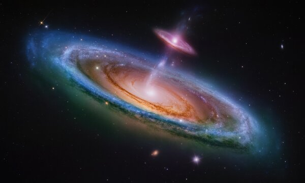 A galactic view showing a spiral galaxy, with a black hole emitting jets of energy