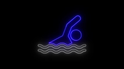 Neon illustration of a swimmer diving into glowing waves, symbolizing sports, fitness, determination, motion, aquatic activity, training, and competition energy.